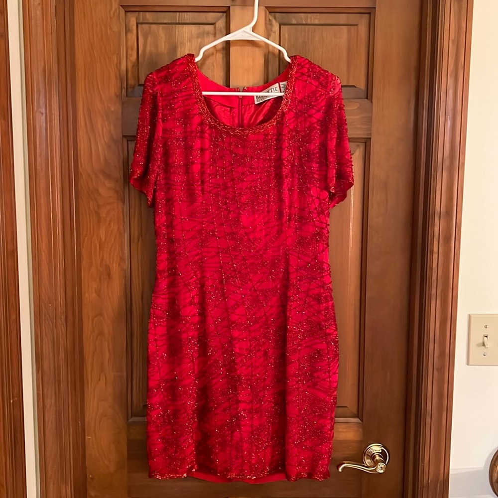 Oleg Cassini Black Tie. Red Beaded Silk Knee Length Dress. Size 12. Vintage.